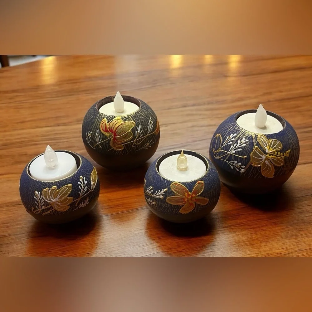 Floral Tea Light Wooden Votive Holders 4 Pcs Hand Painted Asian Inspired - Picture 2 of 10